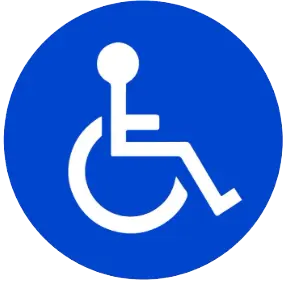 blue circle with white stick figure of a person in a wheelchair